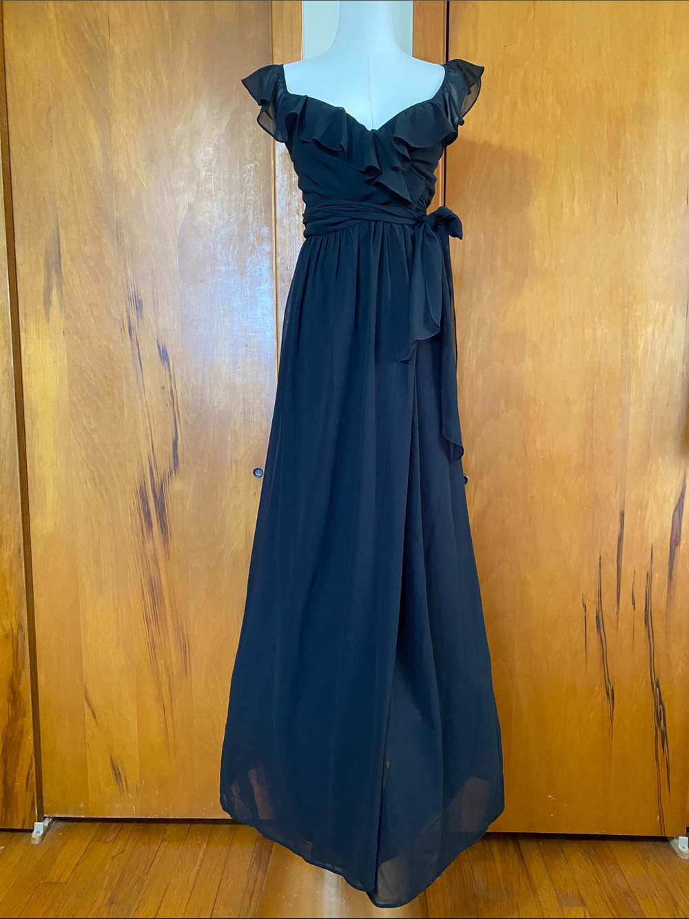 Ceremony by Joanna August Black Ruffle-Trim Wrap Maxi Dress Sheer Overlay L 63”